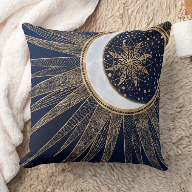 Elegant Blue Guld Sol Måne Mandala Kudde (Filt)