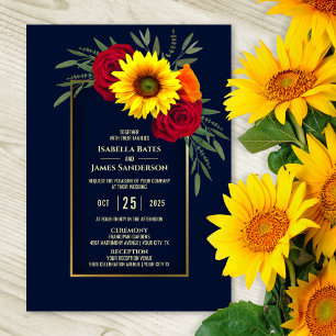 Elegant Blue Guld Solros Röd ros Bröllop Inbjudningar