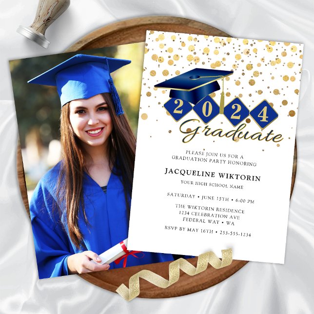 Elegant Blue Guld Studenten Photo Party Inbjudningar (Classic Blue Gold Graduation Photo Party Invitation)