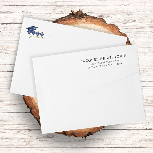 Elegant Blue Guld Studenten Returadress Etikettband (Elegant Blue Gold Graduation Return Address Wrap Around Label)