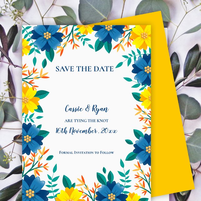 Elegant Blue Gult Blommigt Bröllop spara datum (Elegant Blue Yellow Floral Wedding Save the Date)