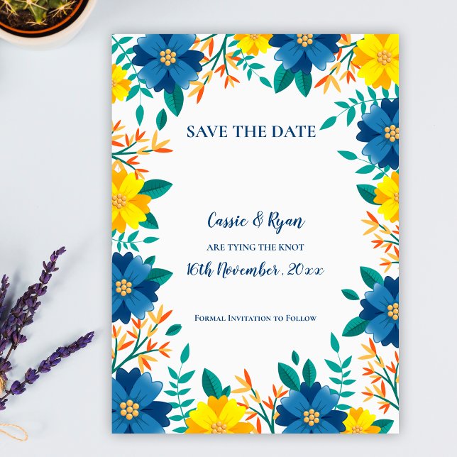 Elegant Blue Gult Blommigt Bröllop spara datum (Elegant Blue Yellow Floral Wedding Save the Date)