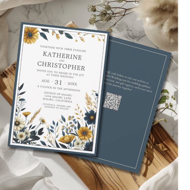 Elegant Blue Gult Wildblommor Bröllop Inbjudningar (Blue and Yellow Flowers adorn this Elegant Formal Wedding Invitation, QR Code for wedding website.
)