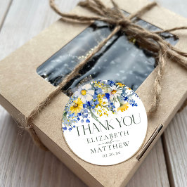 Elegant Blue Gult Wildblommor Bröllop Tack Runt Klistermärke