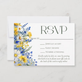 Elegant Blue Gult Wildblommor QR Code Bröllop OSA Kort