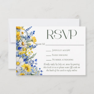Elegant Blue Gult Wildblommor QR Code Bröllop OSA Kort