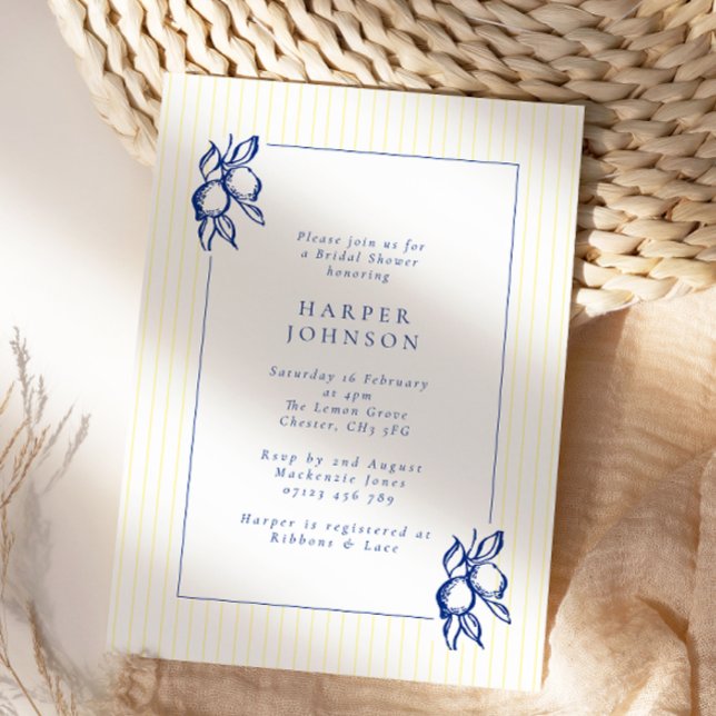 Elegant Blue Hand Drawn Lemon Amalfi Bridal Shower Inbjudningar (Skapare uppladdad)