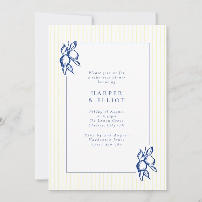 Elegant Blue Hand Drawn Lemon Rehearsal Dinner Inbjudningar (Framsida)