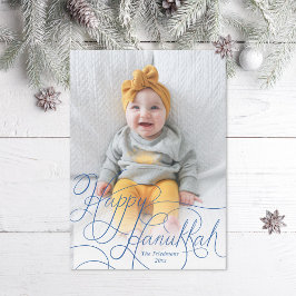 Elegant Blue Hand Lettered Lycklig Hanukkah Photo Julkort