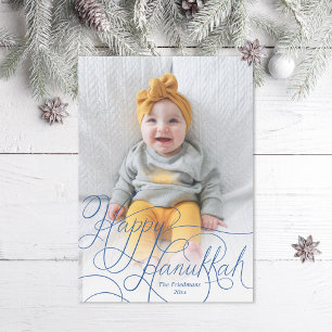 Elegant Blue Hand Lettered Lycklig Hanukkah Photo Julkort
