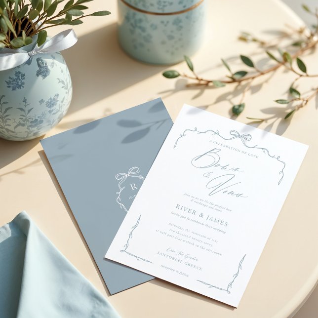 Elegant Blue Hand plockade Bow & Ribbon Bröllop Inbjudningar (Elegant Blue Hand Drawn Bow & Ribbon Wedding Invitation)