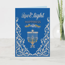 Elegant Blue Hanukkah Menorah Ornamental Kort
