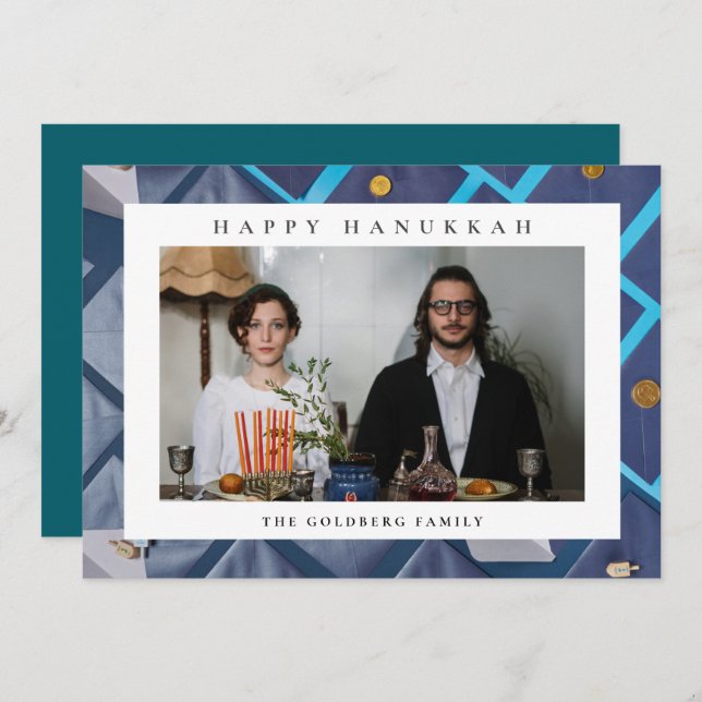 Elegant Blue Happy Hanukkah Family 1 Photo Julkort (Fram/baksida)