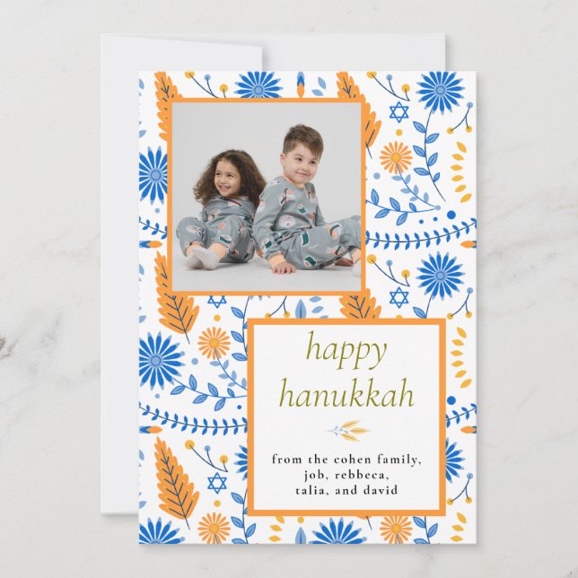 Elegant blue Happy Hanukkah Family 1 Photo Julkort (Framsida)