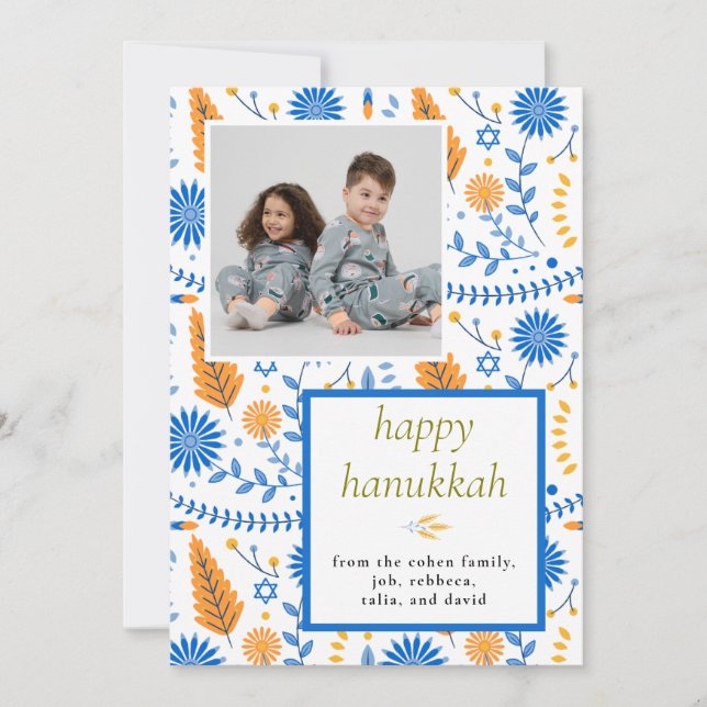 Elegant blue Happy Hanukkah Family 1 Photo Julkort (Framsida)