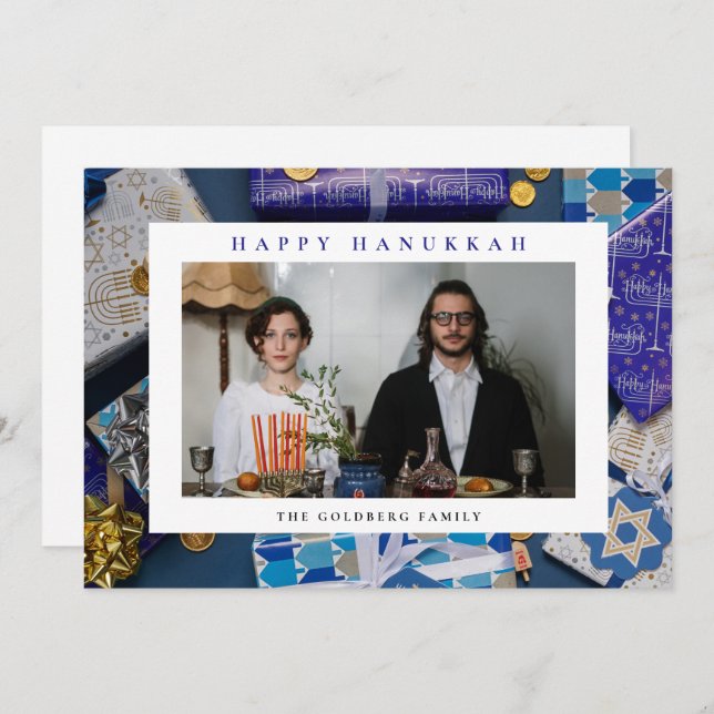 Elegant Blue Happy Hanukkah Family 1 Photo Julkort (Fram/baksida)