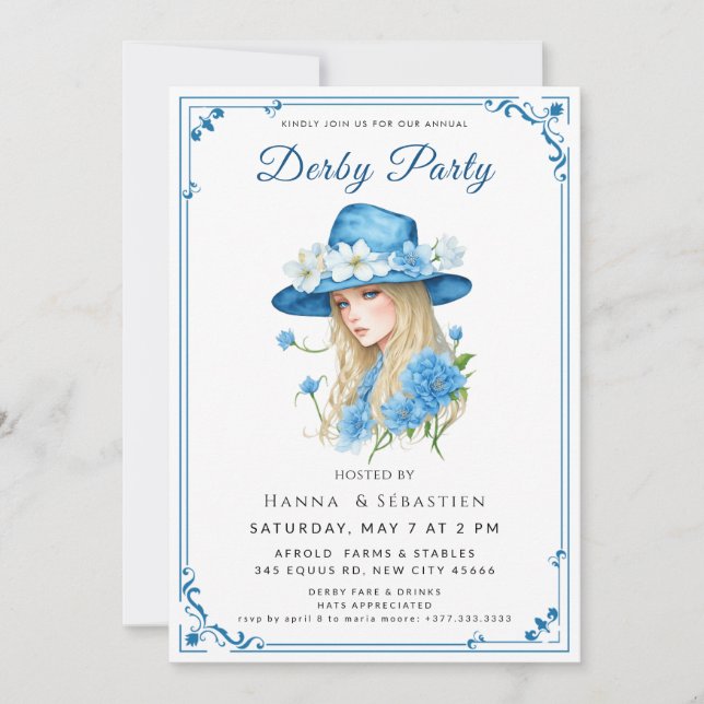 Elegant Blue Hat Garden Party Invitation Inbjudningar (Framsida)