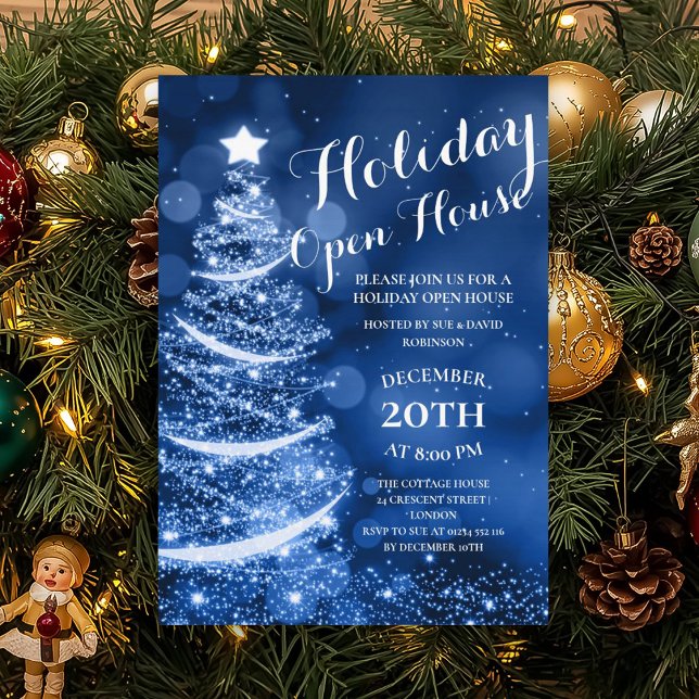 Elegant Blue Helgdag Open House Party Inbjudningar (Elegant Blue Holiday Open House Party Invitation)