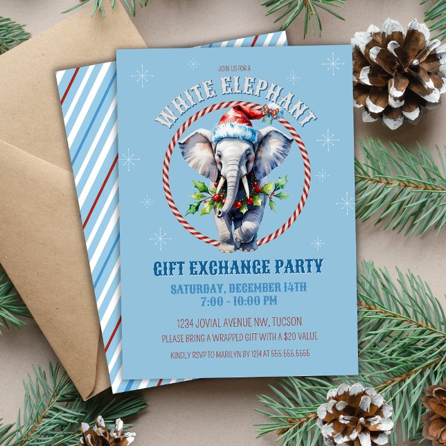 Elegant Blue Helgdag White Elephant Gift Exchange Inbjudningar (Light Baby Blue White Elephant Christmas party gift exchange party invitations with holly and candy)