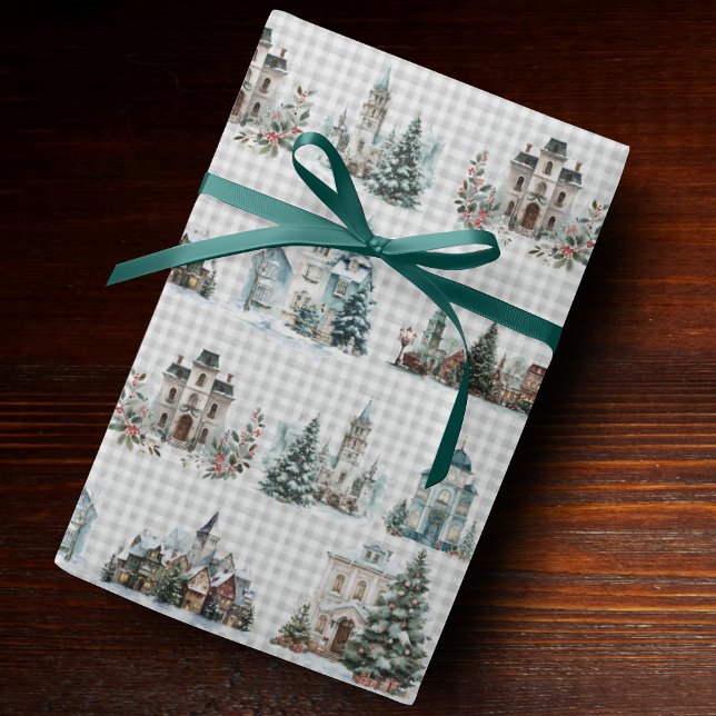 Elegant blue houses christmas winter pattern presentpapper (Skapare uppladdad)