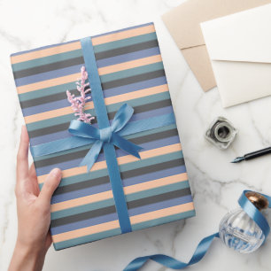Elegant Blue Hues, Peach och Grått Rand Mönster Presentpapper