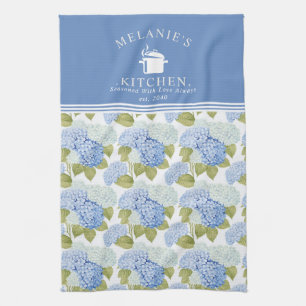 Elegant Blue Hydragea Flowers Mönster Monogram Kökshandduk