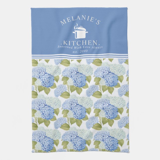 Elegant Blue Hydragea Flowers Mönster Monogram Kökshandduk (Vertikal)