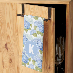 Elegant Blue Hydragea Flowers Mönster Monogram Kökshandduk