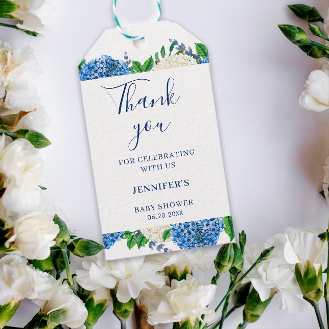 Elegant Blue Hydrangea Baby Shower Tack Presentetikett (Skapare uppladdad)