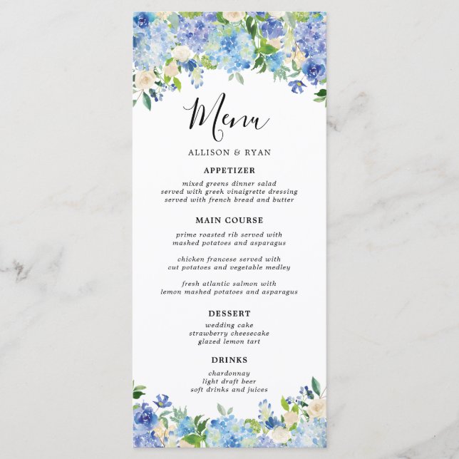 Elegant Blue Hydrangea Blommigt Bröllop Menus Meny (Framsida)