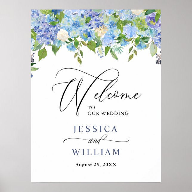 Elegant Blue Hydrangea Blommigt Bröllop Välkomstte Poster (Framsidan)