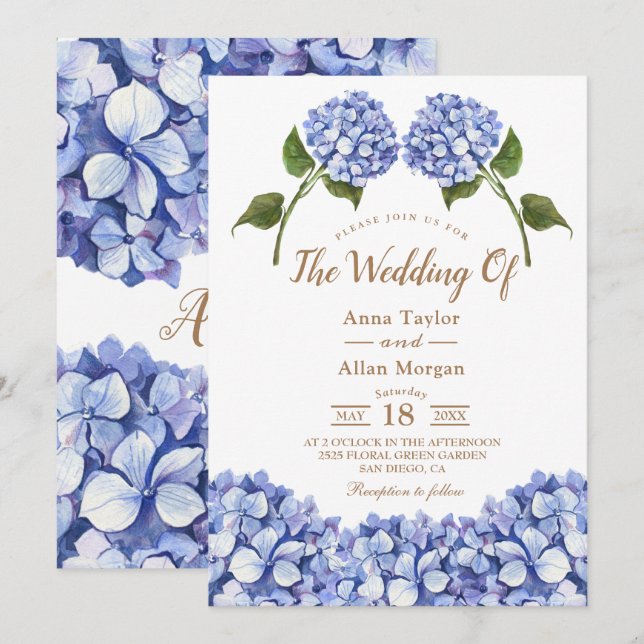 Elegant Blue Hydrangea Blommigt Inbjudningar (Fram/baksida)