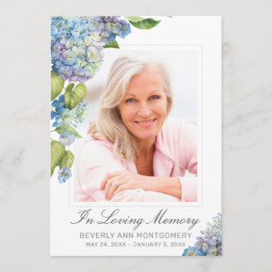 Elegant Blue Hydrangea Blommigt Photo Funeral Card Inbjudningar