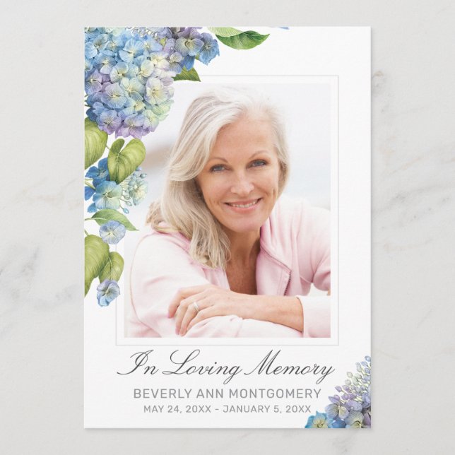 Elegant Blue Hydrangea Blommigt Photo Funeral Card Inbjudningar (Framsida)