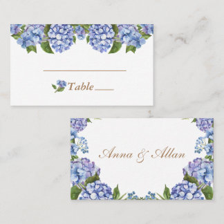 Elegant Blue Hydrangea Blommigt White Bröllop Placeringskort