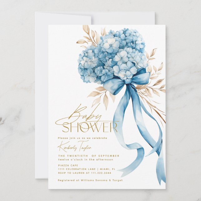 Elegant Blue Hydrangea Bow Baby Shower Inbjudningar (Framsida)