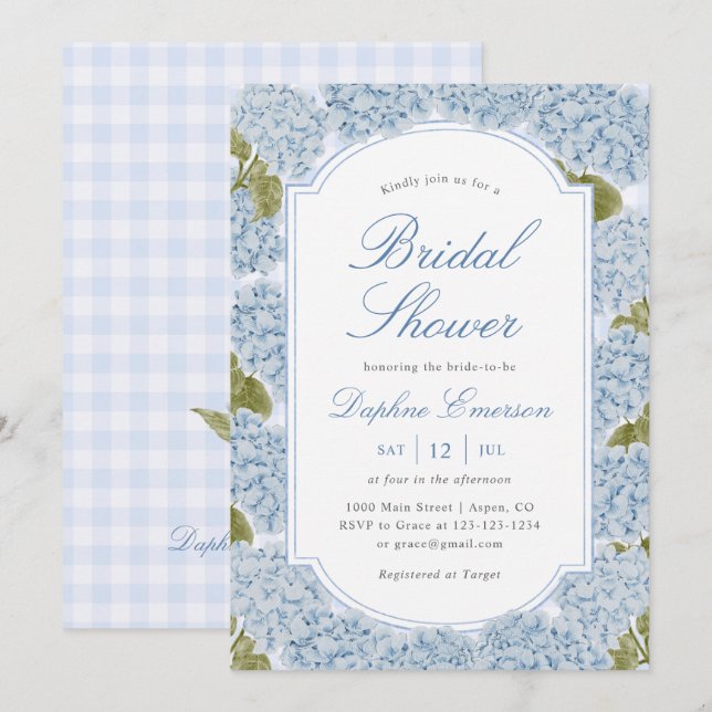 Elegant Blue Hydrangea Bridal Shower Inbjudningar (Fram/baksida)