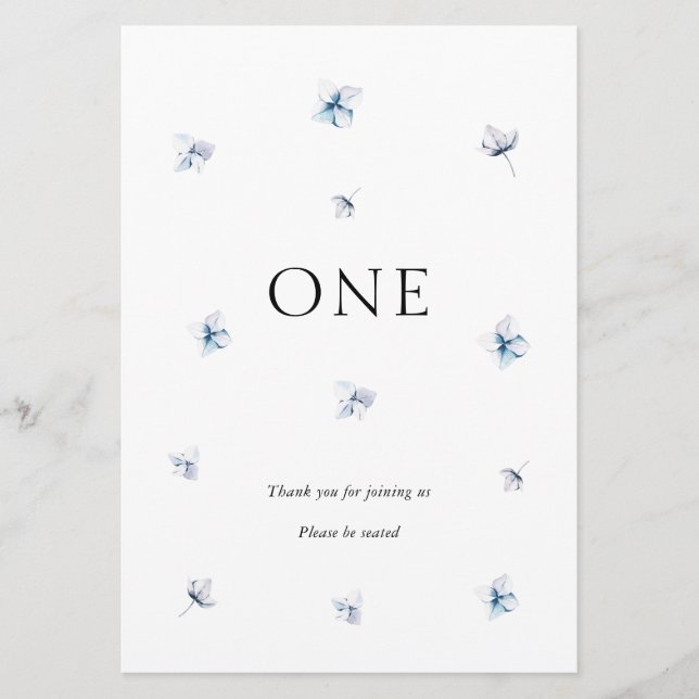 Elegant Blue Hydrangea Bröllop Bordsnummer Namn (Framsida)