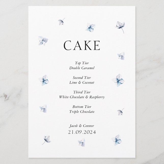 Elegant Blue Hydrangea Bröllop Cake Sign Inbjudningar (Framsida)