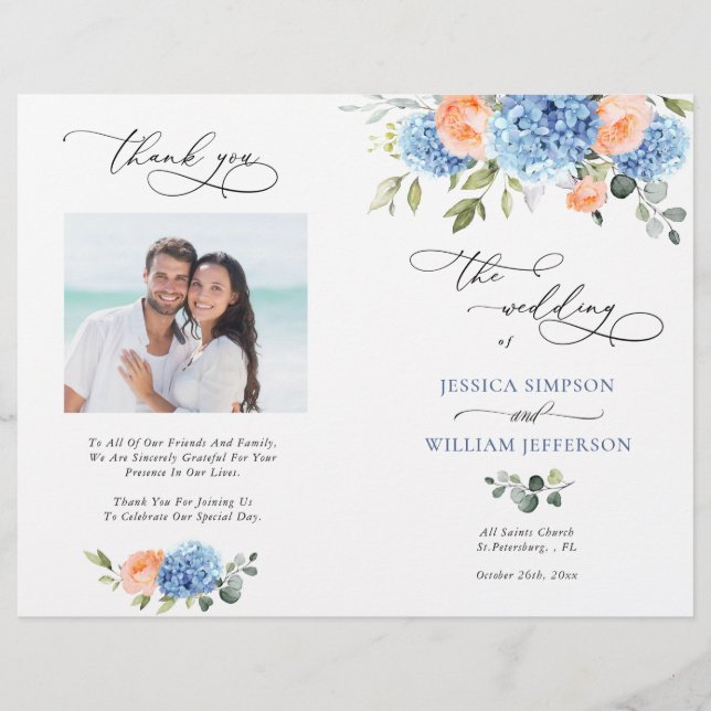 Elegant Blue Hydrangea Bröllop Ceremony-programmet (Framsida)