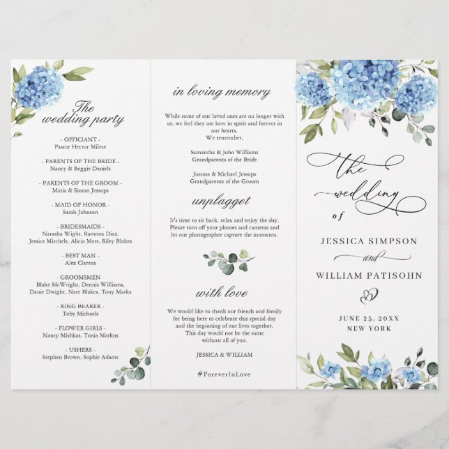 Elegant Blue Hydrangea Bröllop Ceremony-programmet (Framsida)
