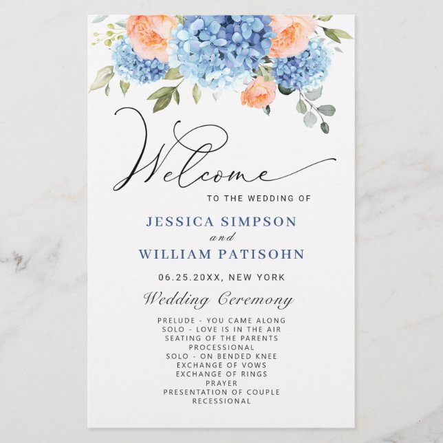 Elegant Blue Hydrangea Bröllop Ceremony-programmet (Framsida)