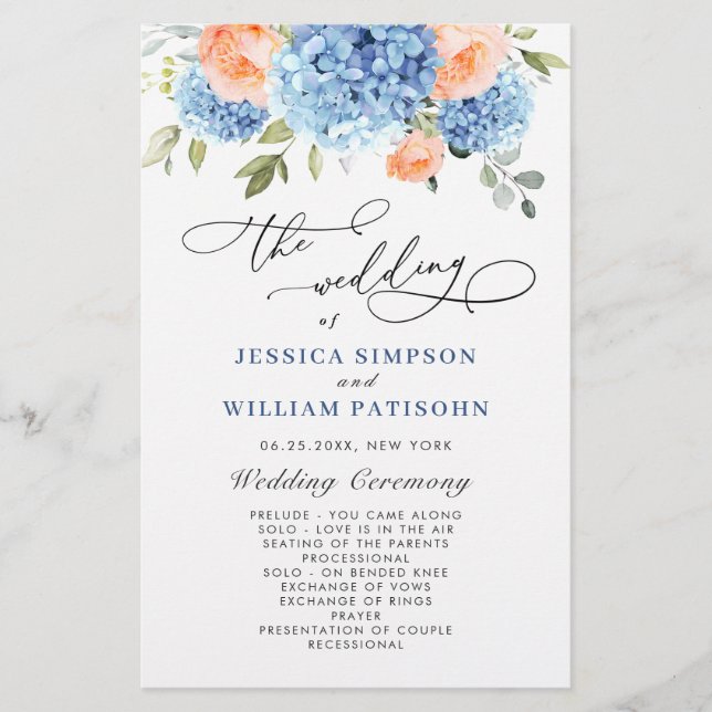 Elegant Blue Hydrangea Bröllop Ceremony-programmet (Framsida)