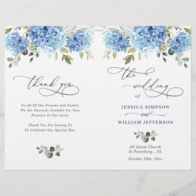 Elegant Blue Hydrangea Bröllop Ceremony-programmet (Framsida)