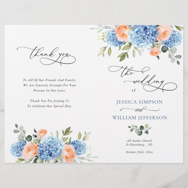 Elegant Blue Hydrangea Bröllop Ceremony-programmet (Framsida)