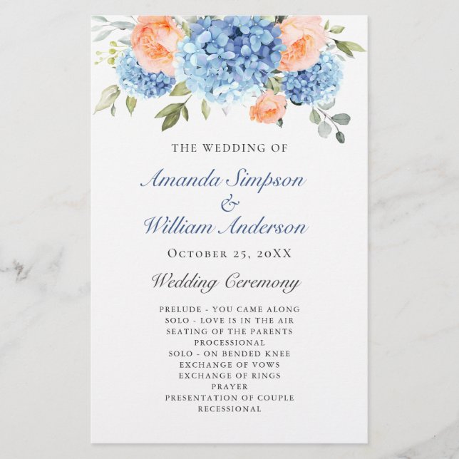Elegant Blue Hydrangea Bröllop Ceremony-programmet (Framsida)