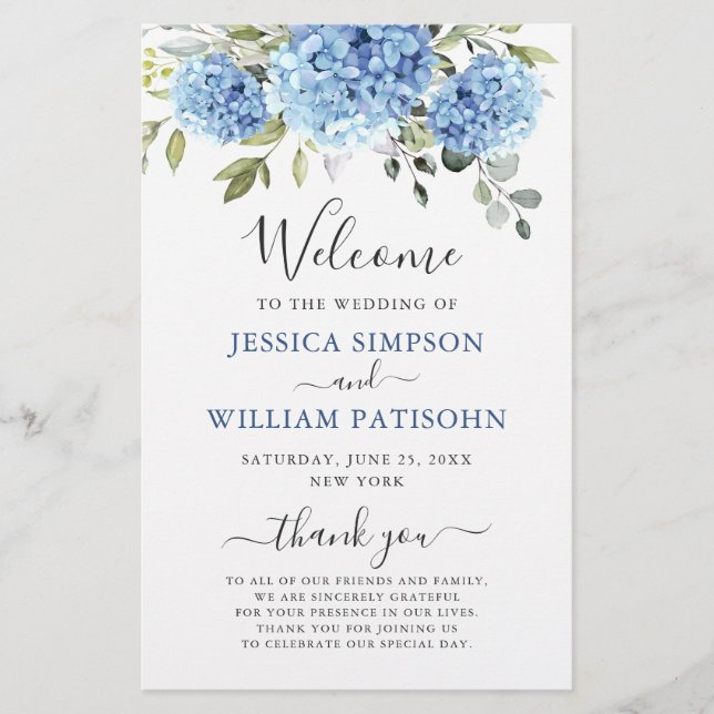 Elegant Blue Hydrangea Bröllop Ceremony-programmet (Framsida)