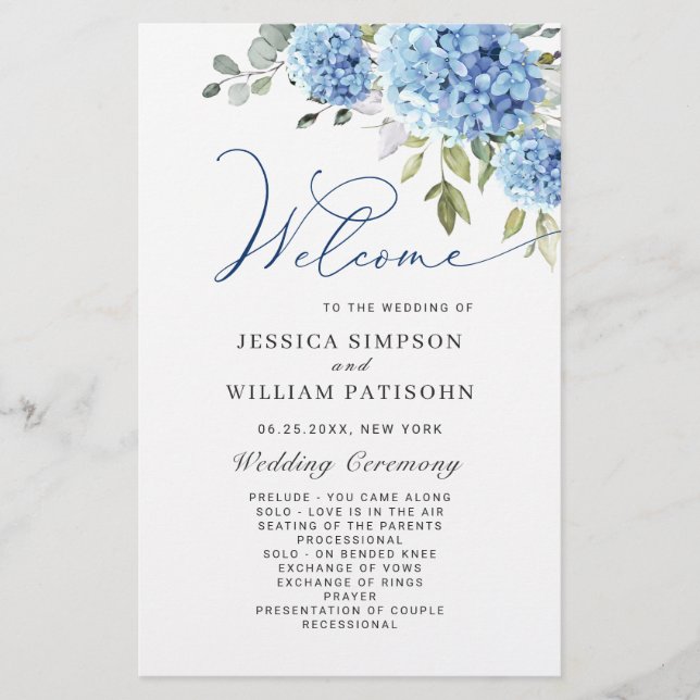 Elegant Blue Hydrangea Bröllop Ceremony-programmet (Framsida)