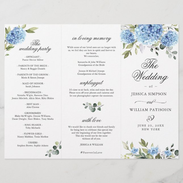 Elegant Blue Hydrangea Bröllop Ceremony-programmet (Framsida)
