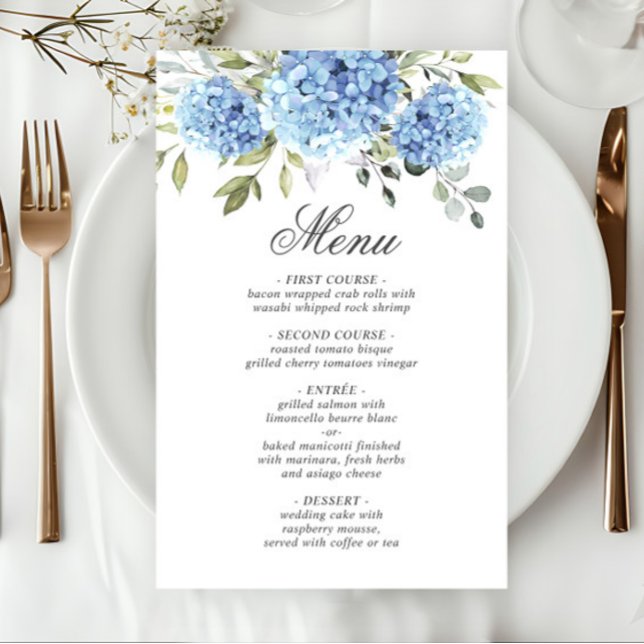 Elegant Blue Hydrangea Bröllop Middag Menu (Skapare uppladdad)